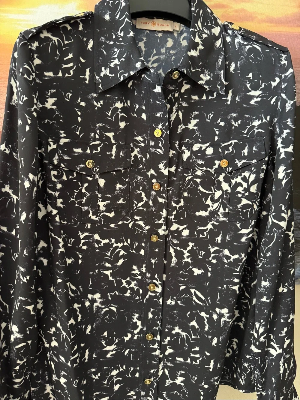 Tory Burch Black&White Printed Long Sleeve Button-Up Utility Shirt/ 4/ New